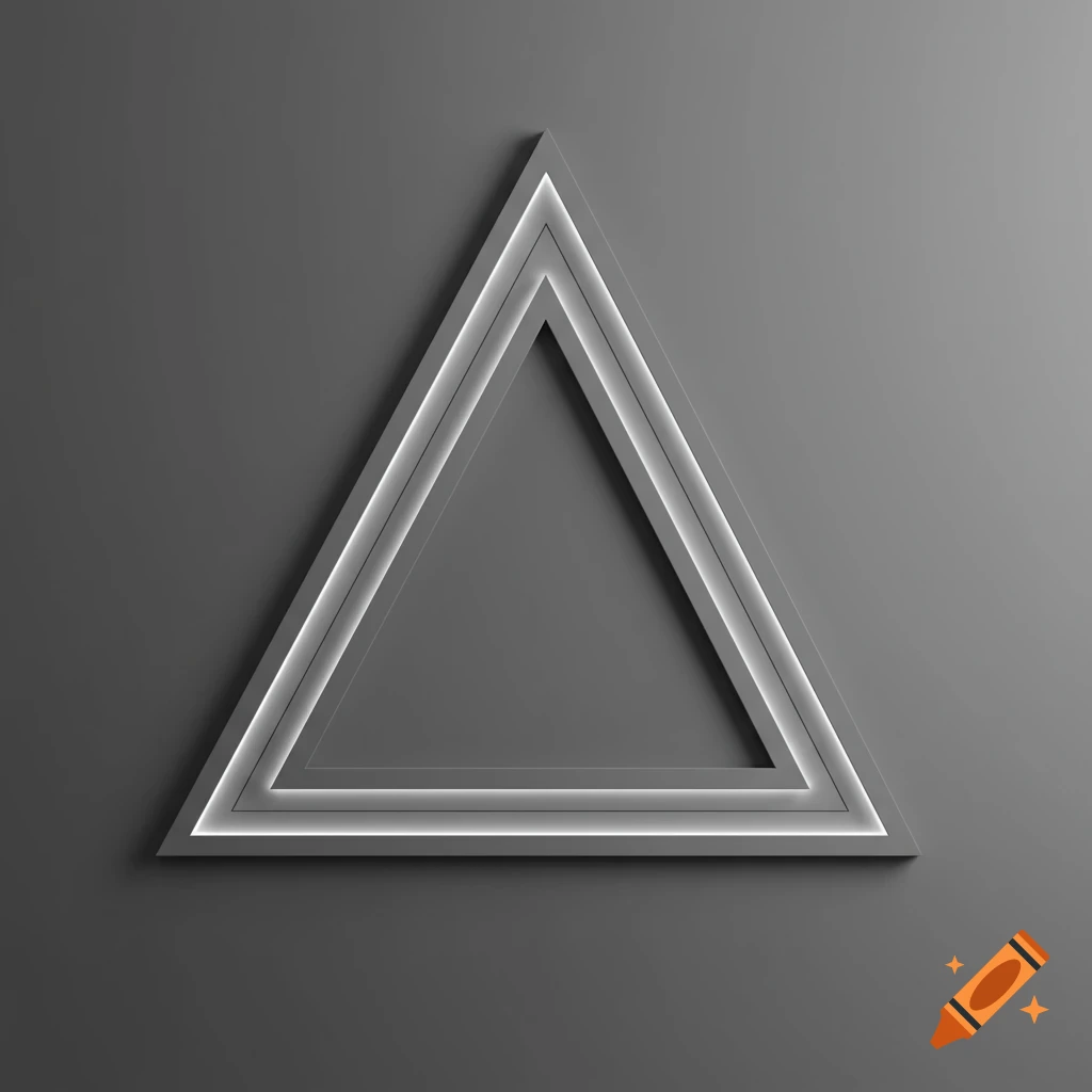 A 3D render of a nested equilateral triangle with glowing white edges on a grey background.