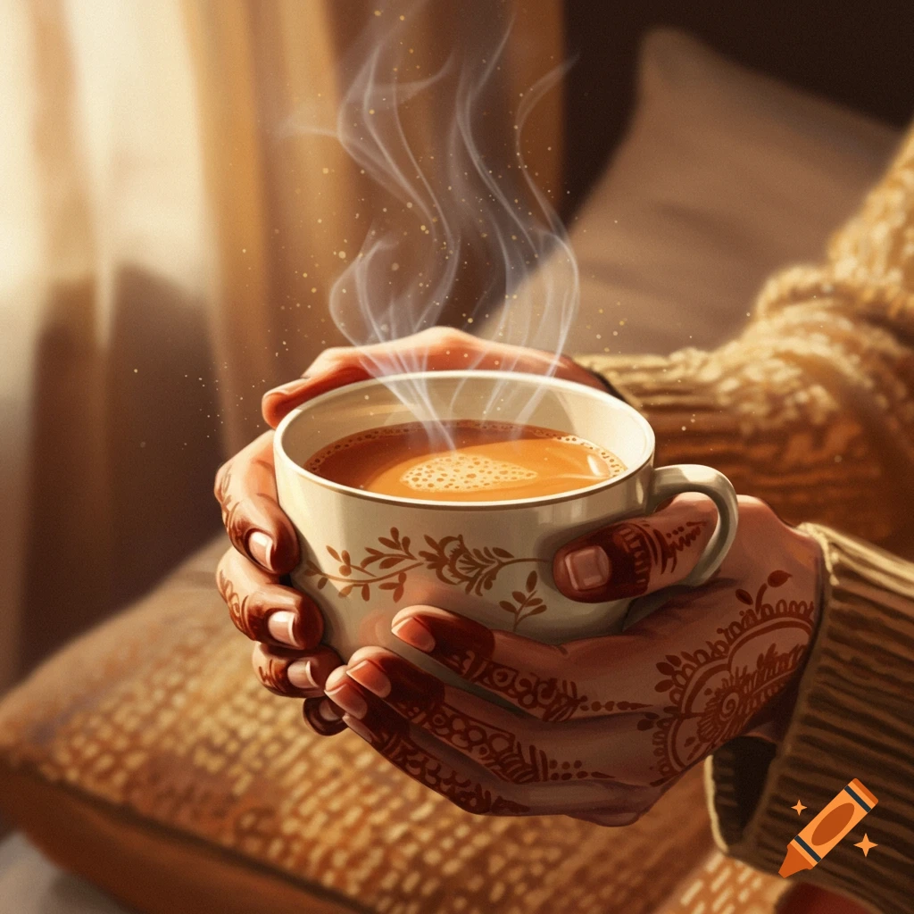 Close-up illustration of hands with intricate henna designs holding a steaming cup of tea in a warm, cozy setting.
