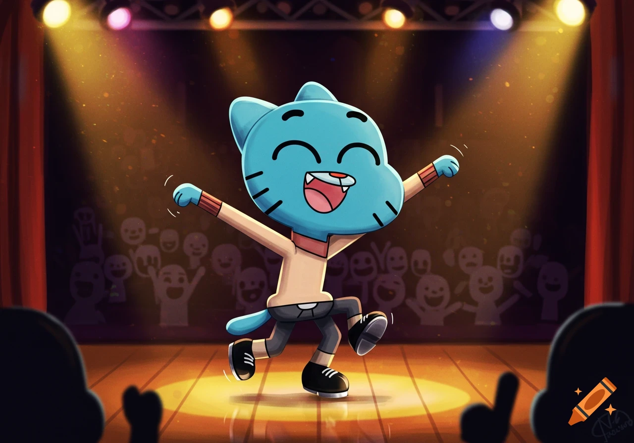 Gumball Watterson, a blue cartoon cat, happily tap dancing on a spotlight-lit stage with a silhouetted audience.