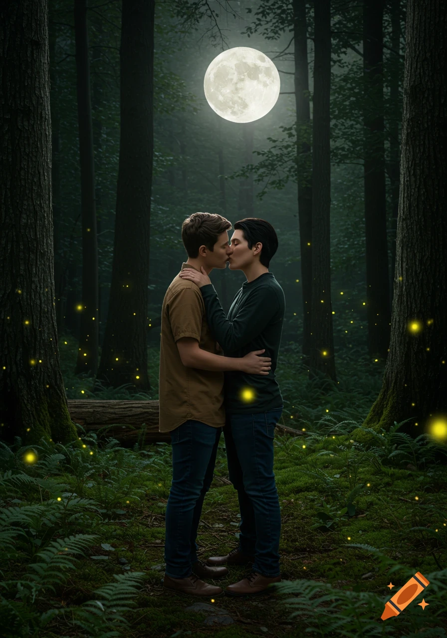 Two men kiss under a bright full moon in a dark, magical forest filled with glowing fireflies.