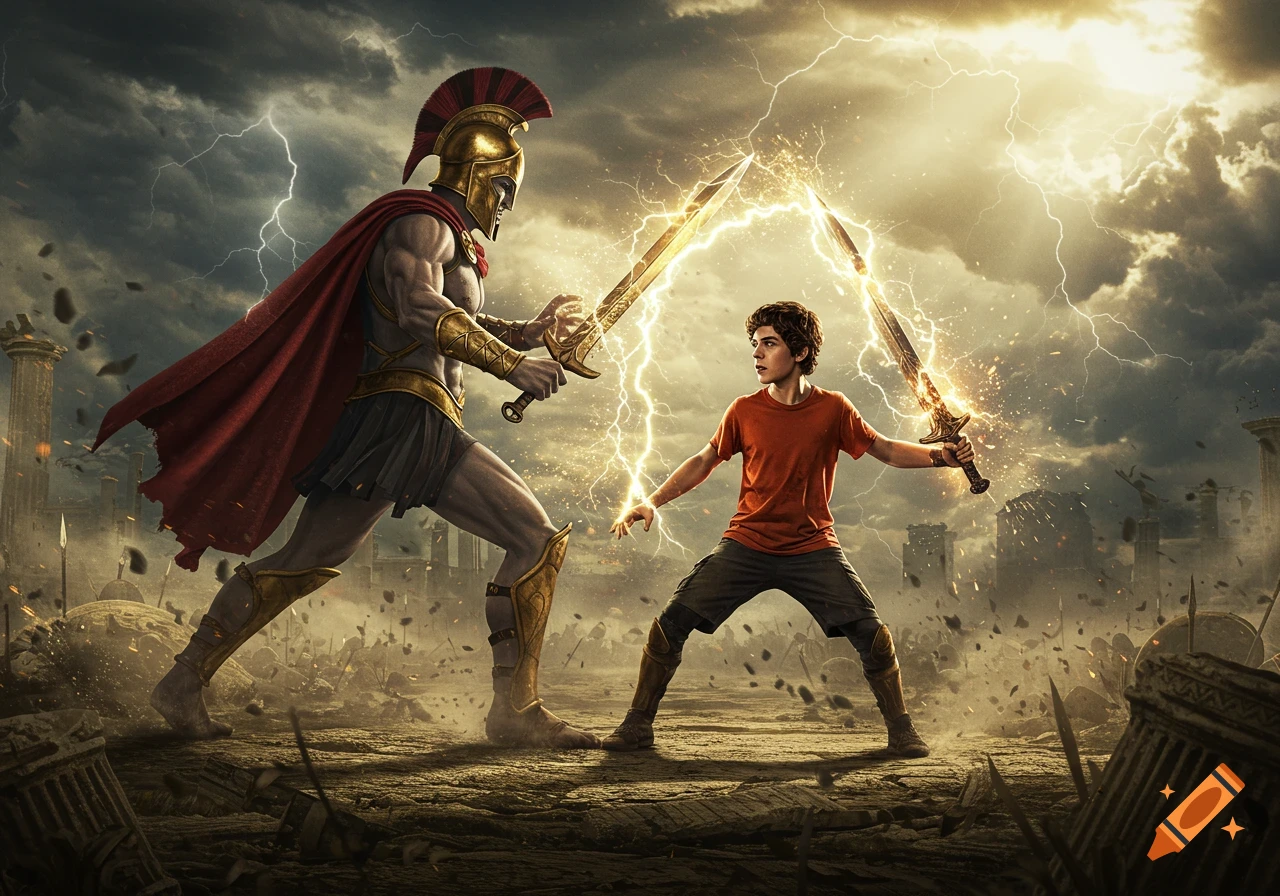A young boy in an orange shirt and a giant armored Spartan warrior wield glowing swords amidst lightning and a stormy sky in a ruined city.