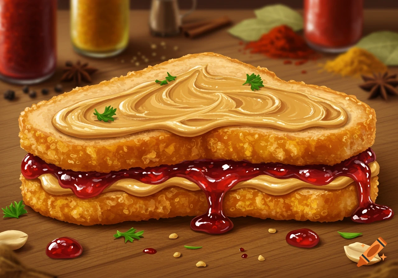 An illustration of a peanut butter and jelly sandwich with two slices of bread made from textured chicken nuggets, on a wooden table with spices.