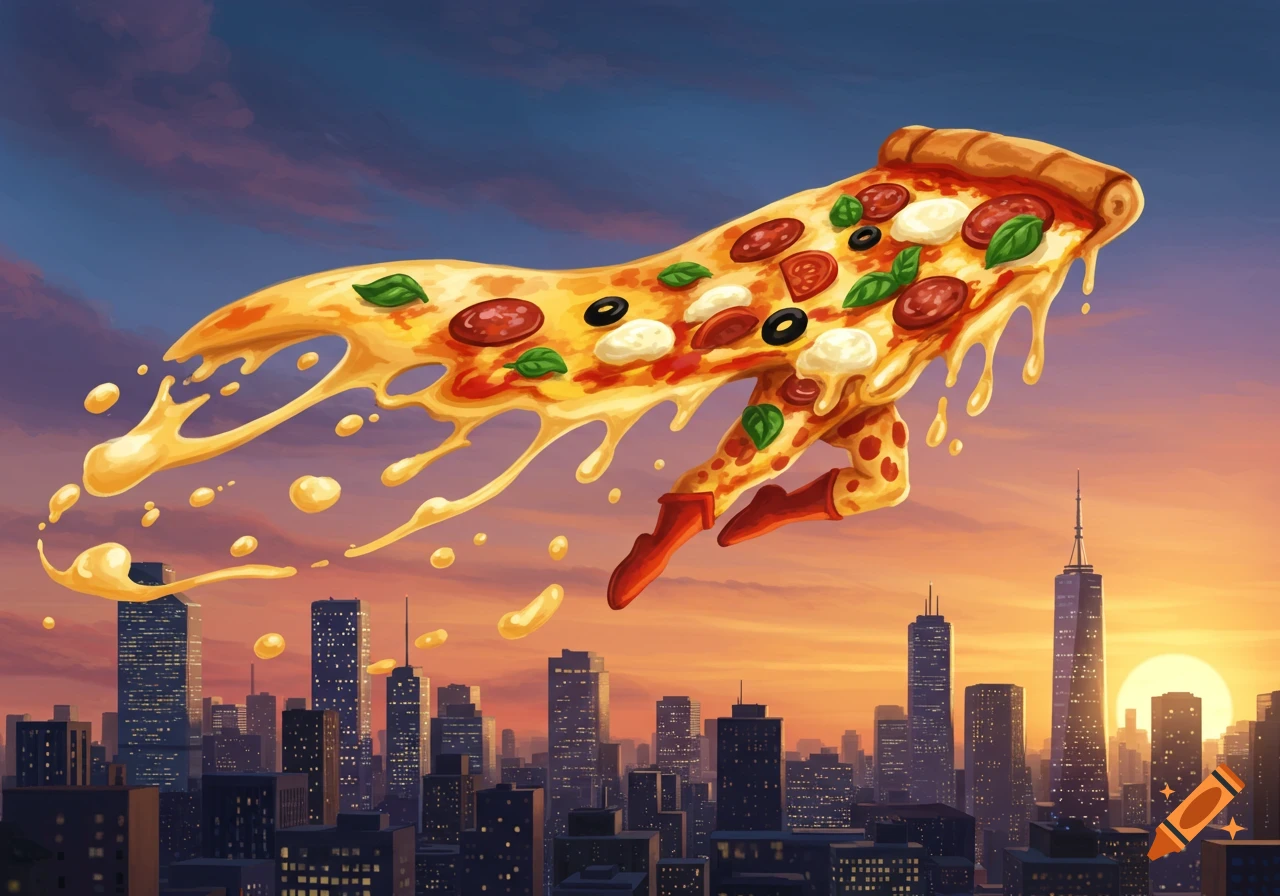 A cartoon slice of pizza with legs and boots flies like a superhero over a city skyline at sunset, leaving a trail of melting cheese.
