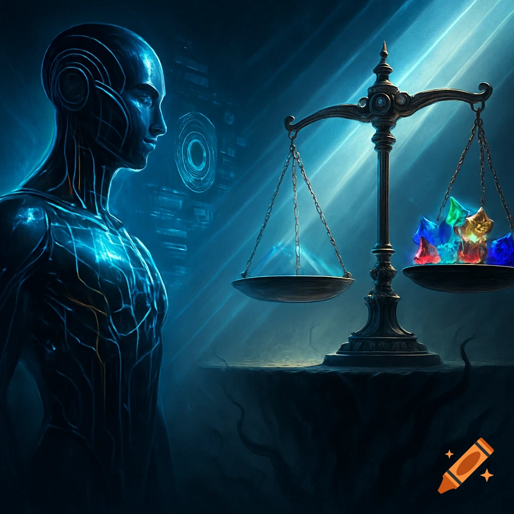 A futuristic blue AI figure stands next to a balance scale, one pan holding colorful, glowing crystals.