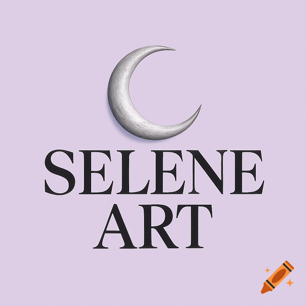 A silver crescent moon above the words SELENE ART in black serif font, all on a pastel lilac background.