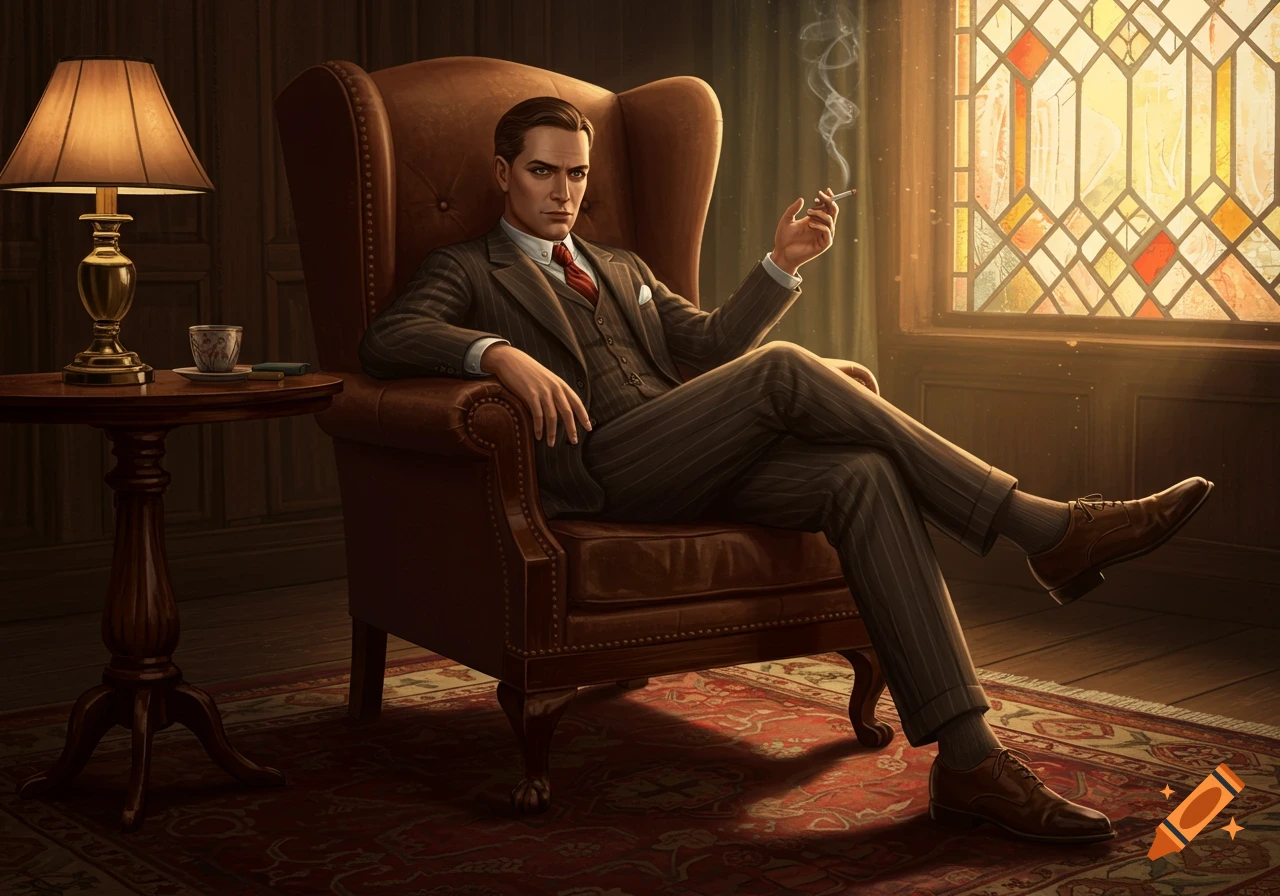 A dapper man in a pinstripe suit sits in a leather wingback chair, smoking, by a stained glass window.