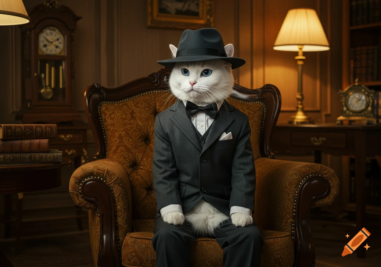 A photorealistic white cat in a dark suit, bow tie, and fedora sits in an ornate armchair in a lavish room.