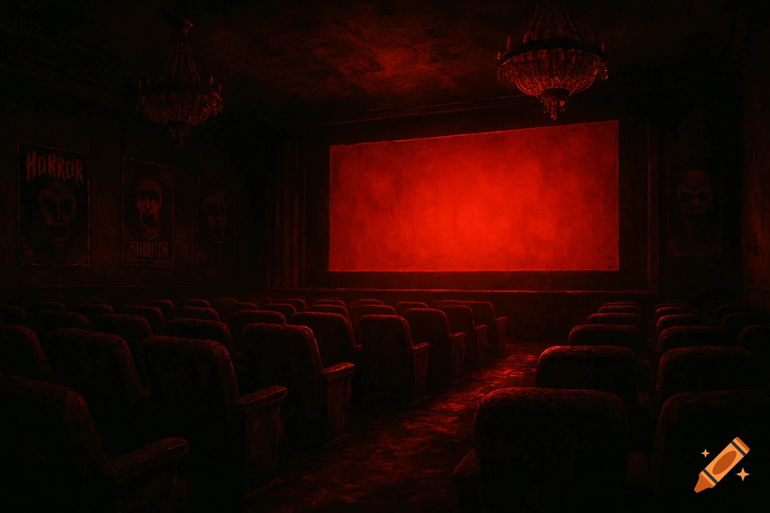 A dark, empty movie theater with rows of seats, a glowing red screen, and torn horror movie posters on the walls, lit by dim chandeliers.