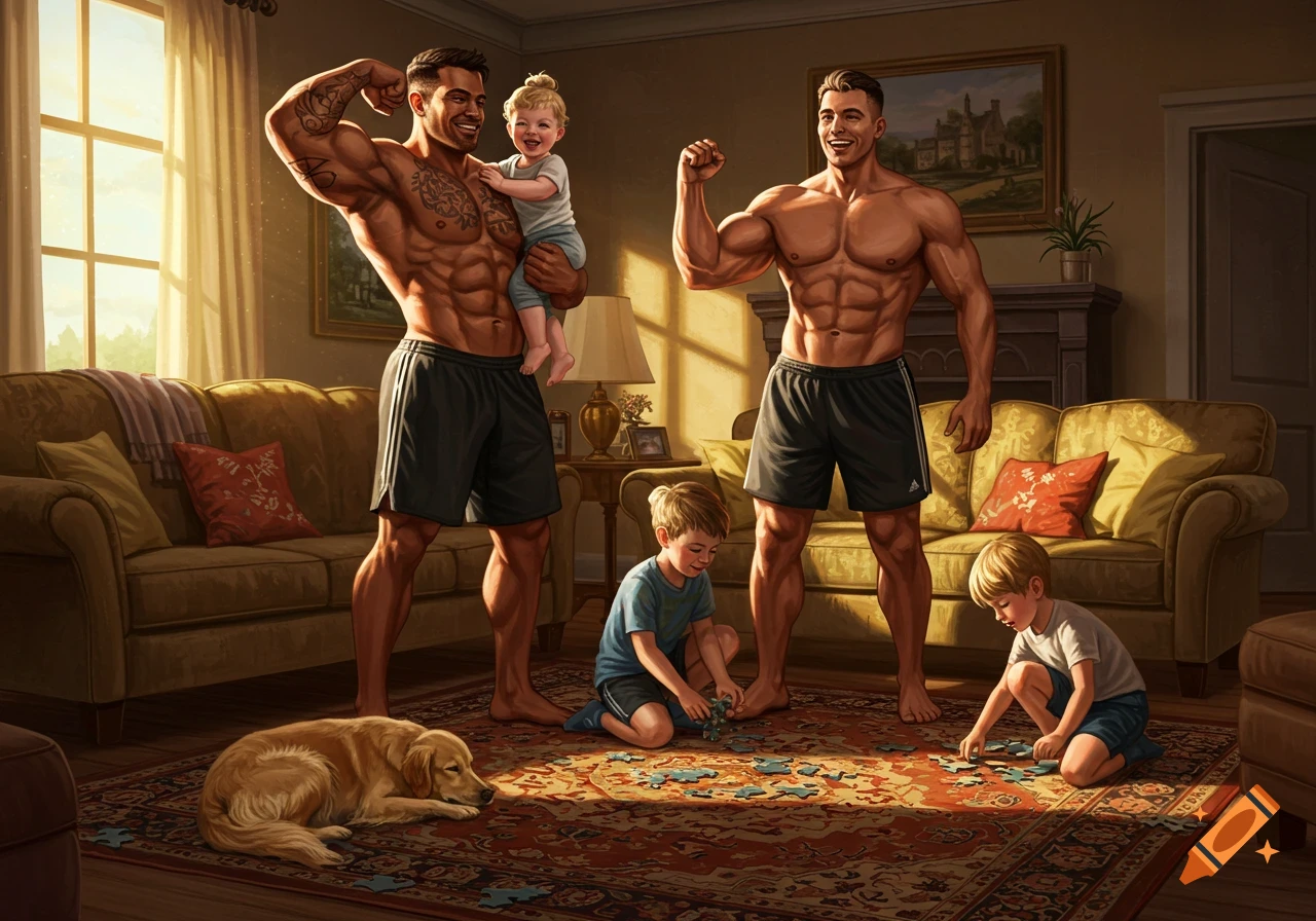 Two muscular men, one holding a baby, flex their biceps in a living room while two young boys play with a puzzle on the rug with a sleeping dog nearby.