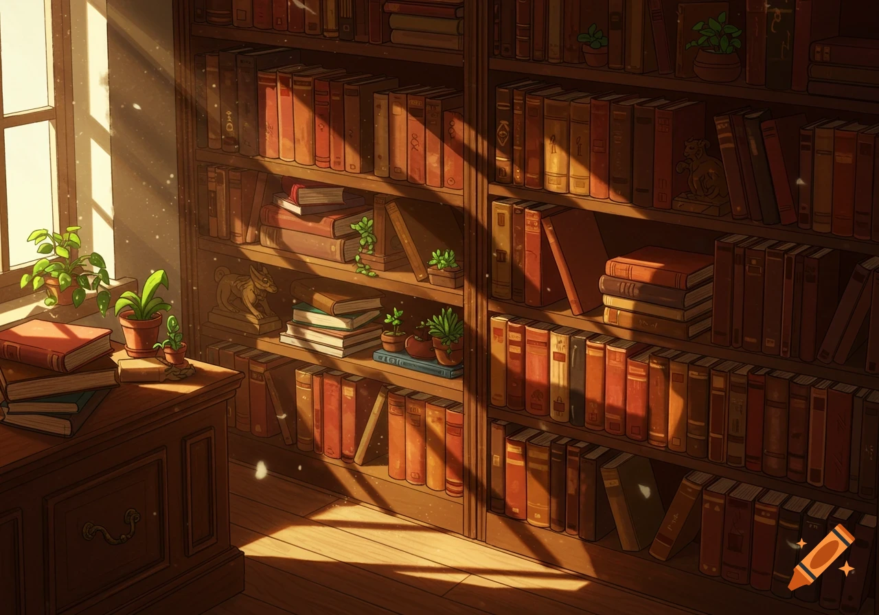 A sunlit bookshelf filled with many books and small potted plants, creating a cozy atmosphere in a stylized art style.