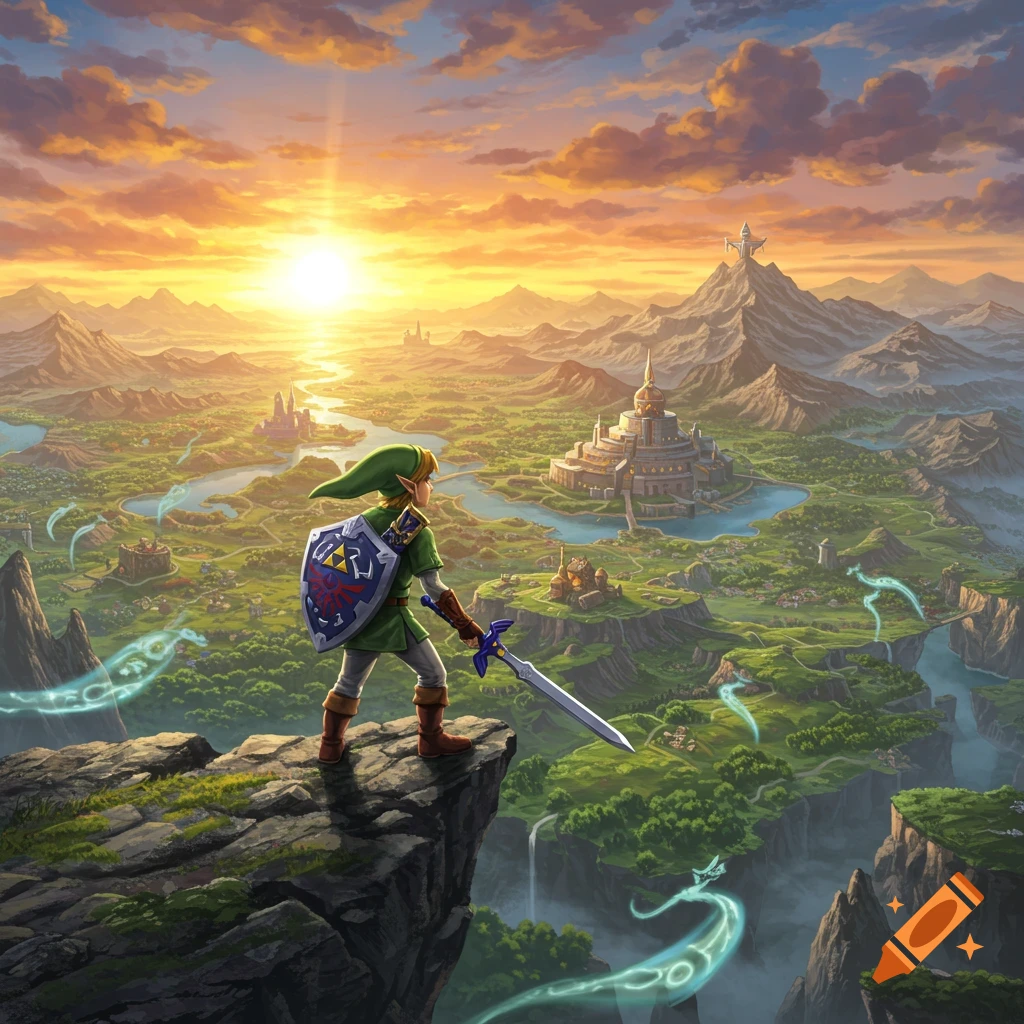 Link from Legend of Zelda stands on a cliff overlooking a vast, vibrant fantasy landscape at sunset, holding his sword and shield.