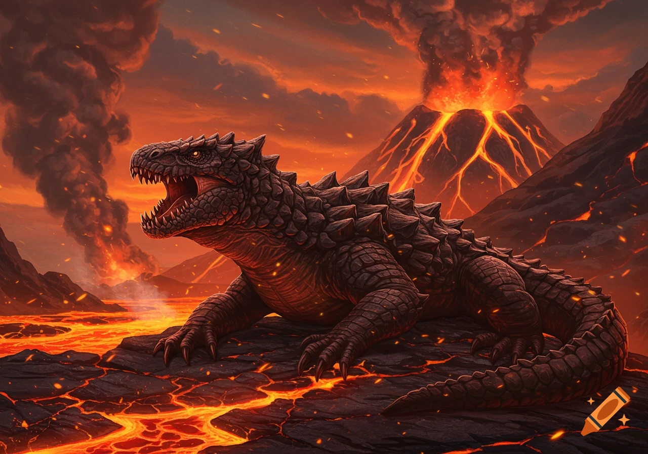 A large, dark reptile with a thick exoskeleton and sharp teeth sits on lava-cracked rock with an erupting volcano in the fiery background.