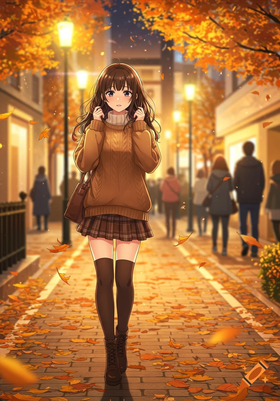 An anime girl in a brown sweater and plaid skirt walks down an autumn city street with fallen leaves and glowing streetlights.