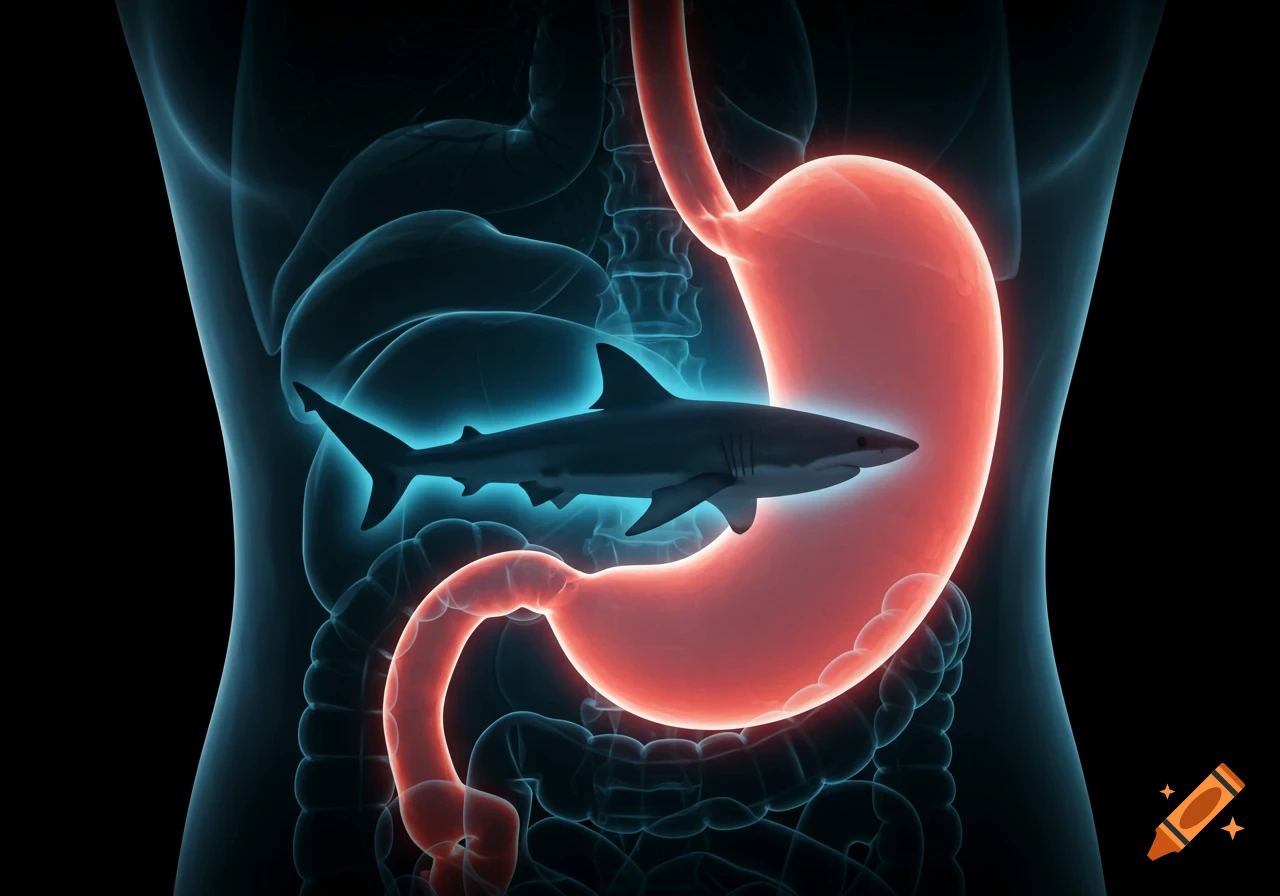 An X-ray view of a human torso with a shark glowing inside a bright red stomach.