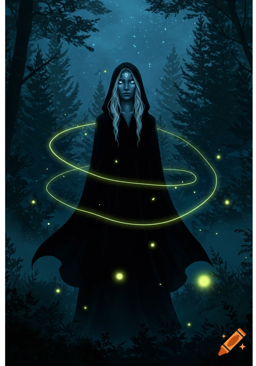 A mysterious woman with glowing white eyes and a hooded cloak stands in a dark forest, surrounded by swirling green magic and glowing fireflies, digital art.