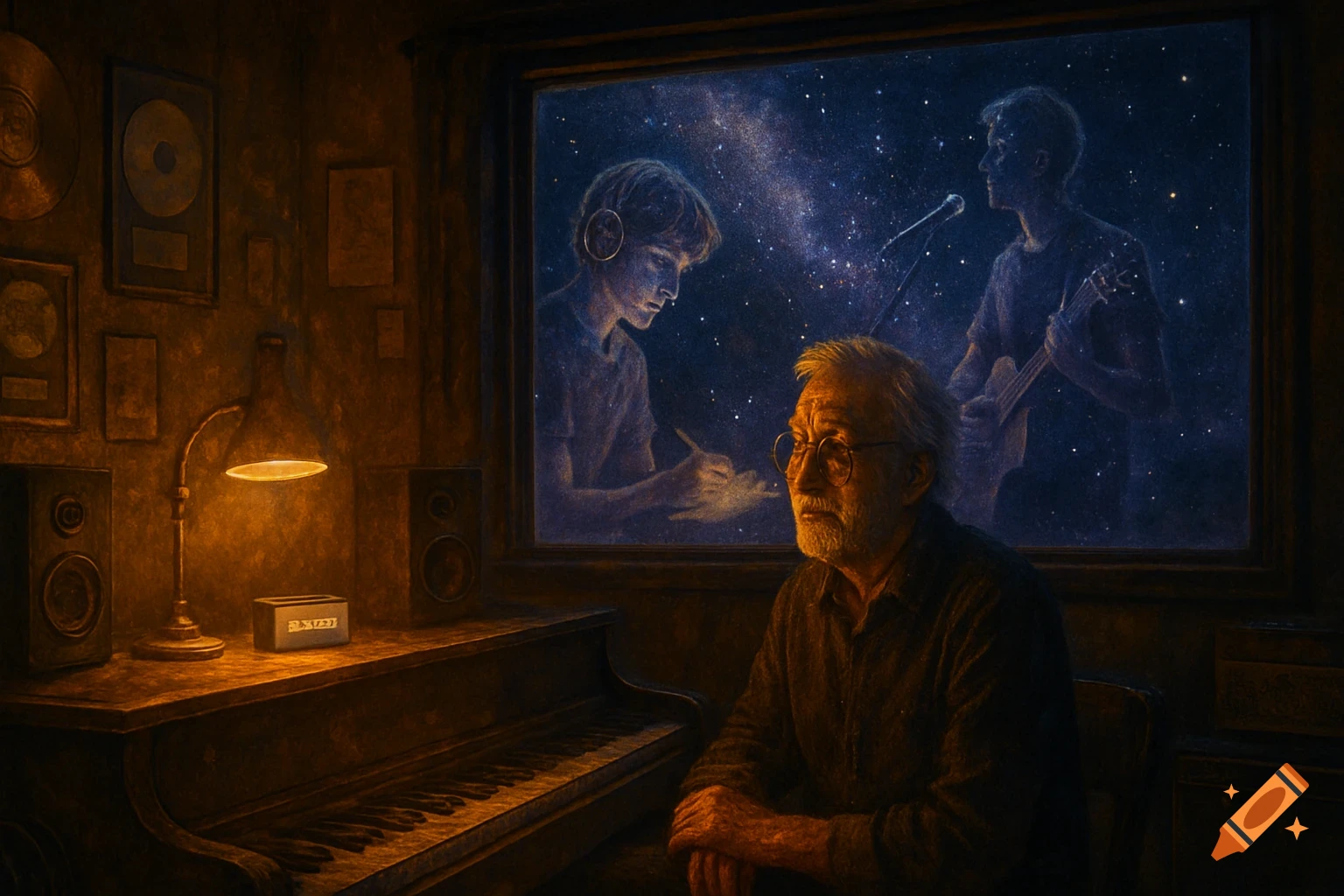 A cinematic portrait of an older musician in a dim studio reflecting on his younger selves, who appear as ghostly figures in a cosmic window.