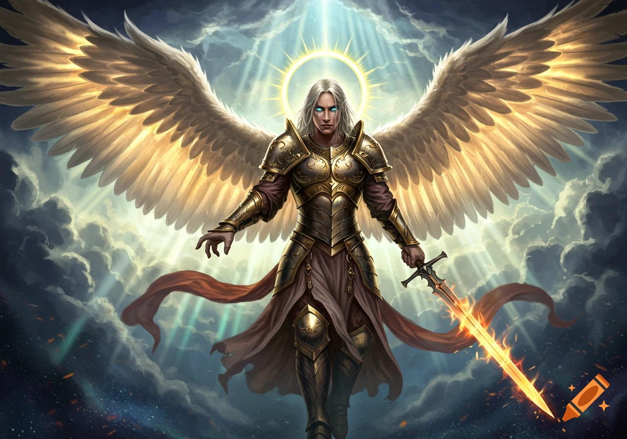 A powerful archangel in golden armor with large wings and a glowing sword stands in a celestial, cloudy sky.