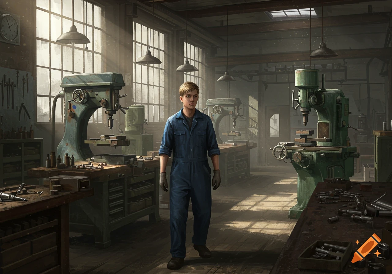 A young man in a blue overall stands in an old industrial workshop with large workbenches and vintage machinery. Sunlight streams through windows.