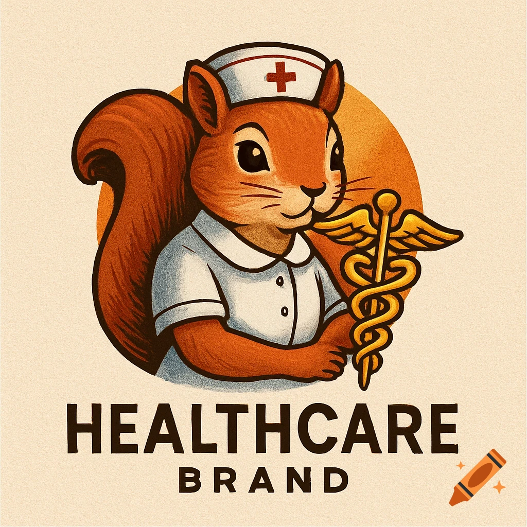 A cartoon squirrel dressed as a nurse, wearing a white uniform and cap with a red cross, holds a golden caduceus. The text "HEALTHCARE BRAND" appears below.