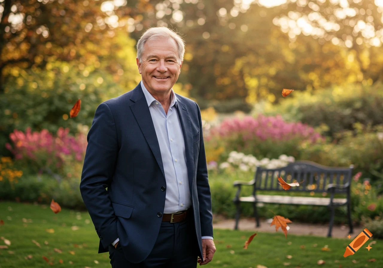 Smiling man in a navy suit stands in an autumn garden with colorful foliage and a park bench.