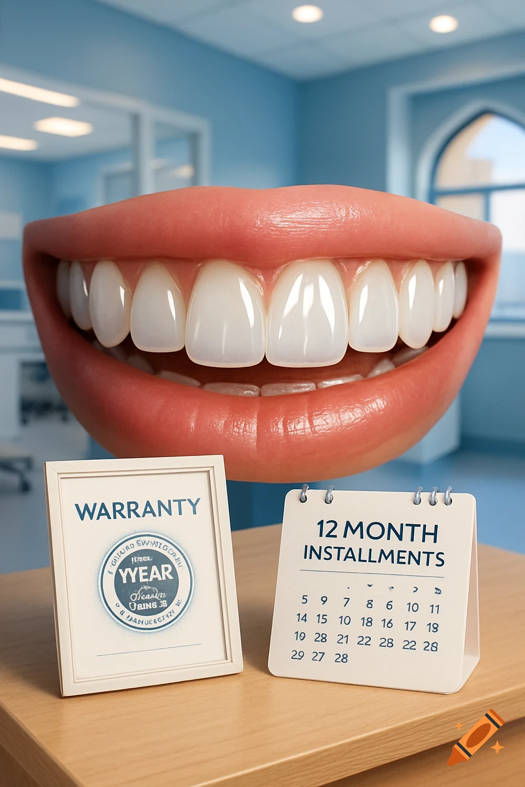 A photorealistic image of a large mouth with perfect white teeth, a 'WARRANTY' certificate, and a '12 MONTH INSTALLMENTS' calendar on a wooden surface in a dental office.