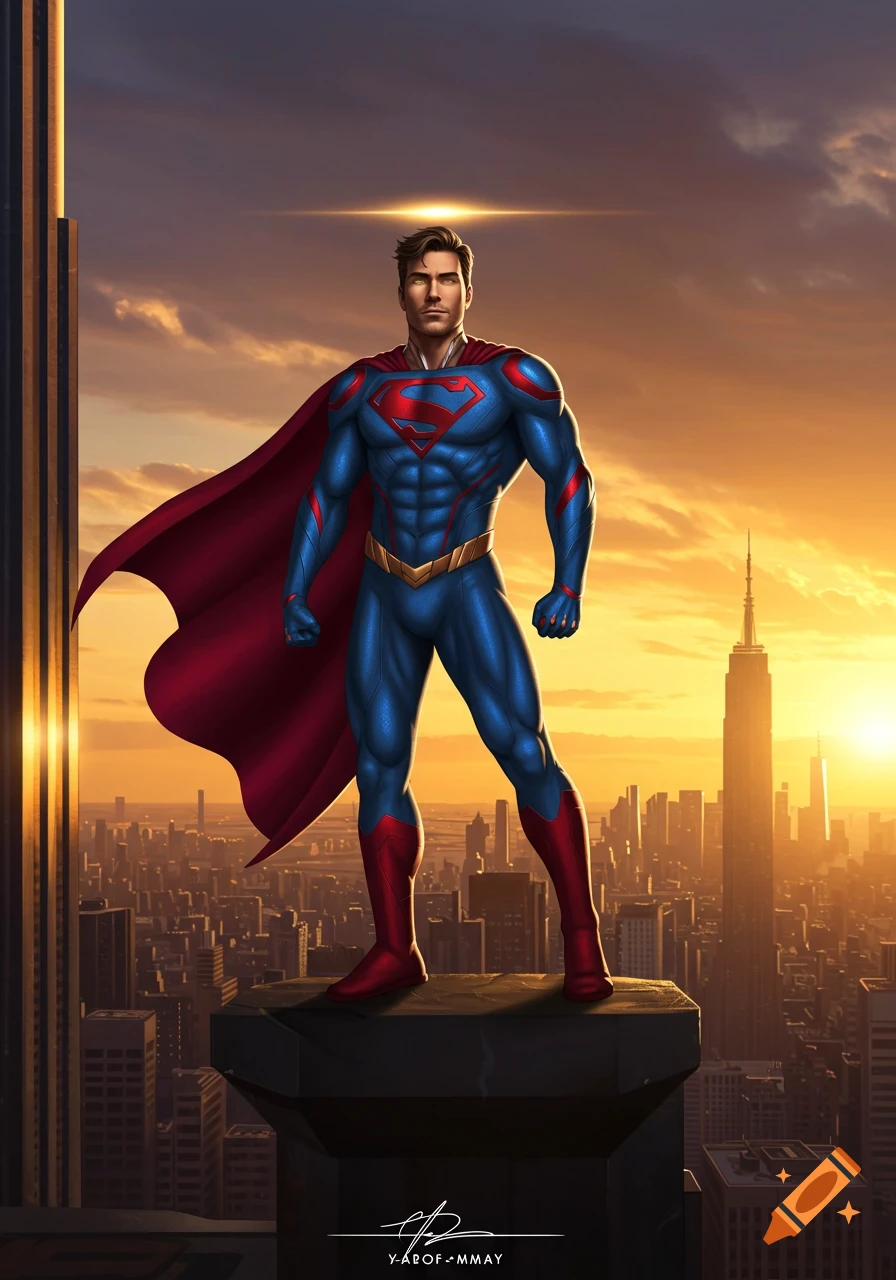 Superman in a blue and red suit with a flowing cape stands on a building, overlooking a golden cityscape at sunrise.