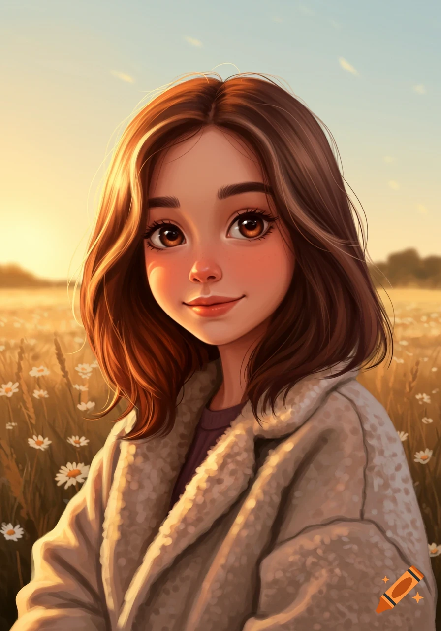 A smiling cartoon girl with brown hair and eyes in a fluffy jacket stands in a field of daisies at sunset.
