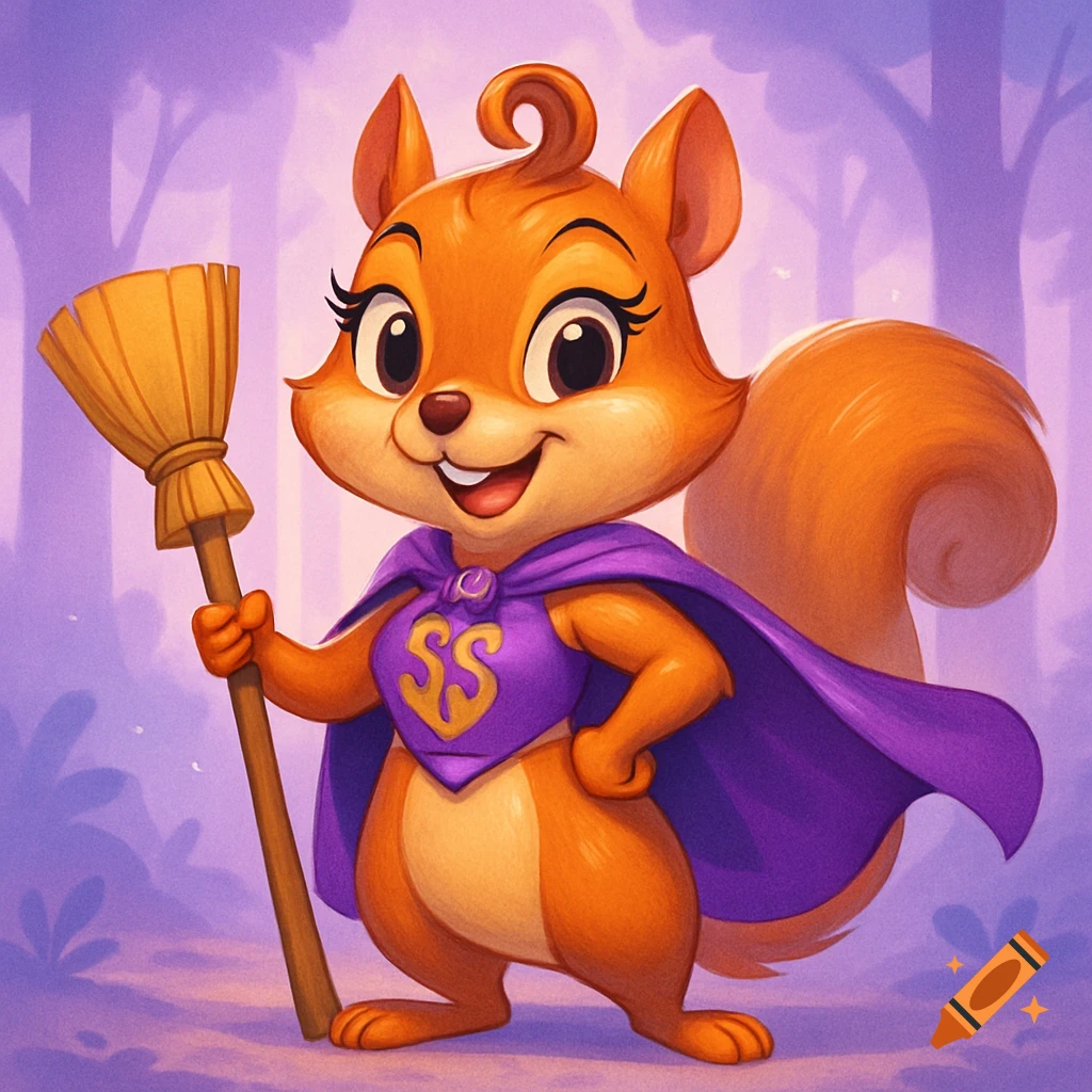 A vibrant cartoon squirrel in a purple superhero cape with an 'SS' emblem, holding a broom in a forest.