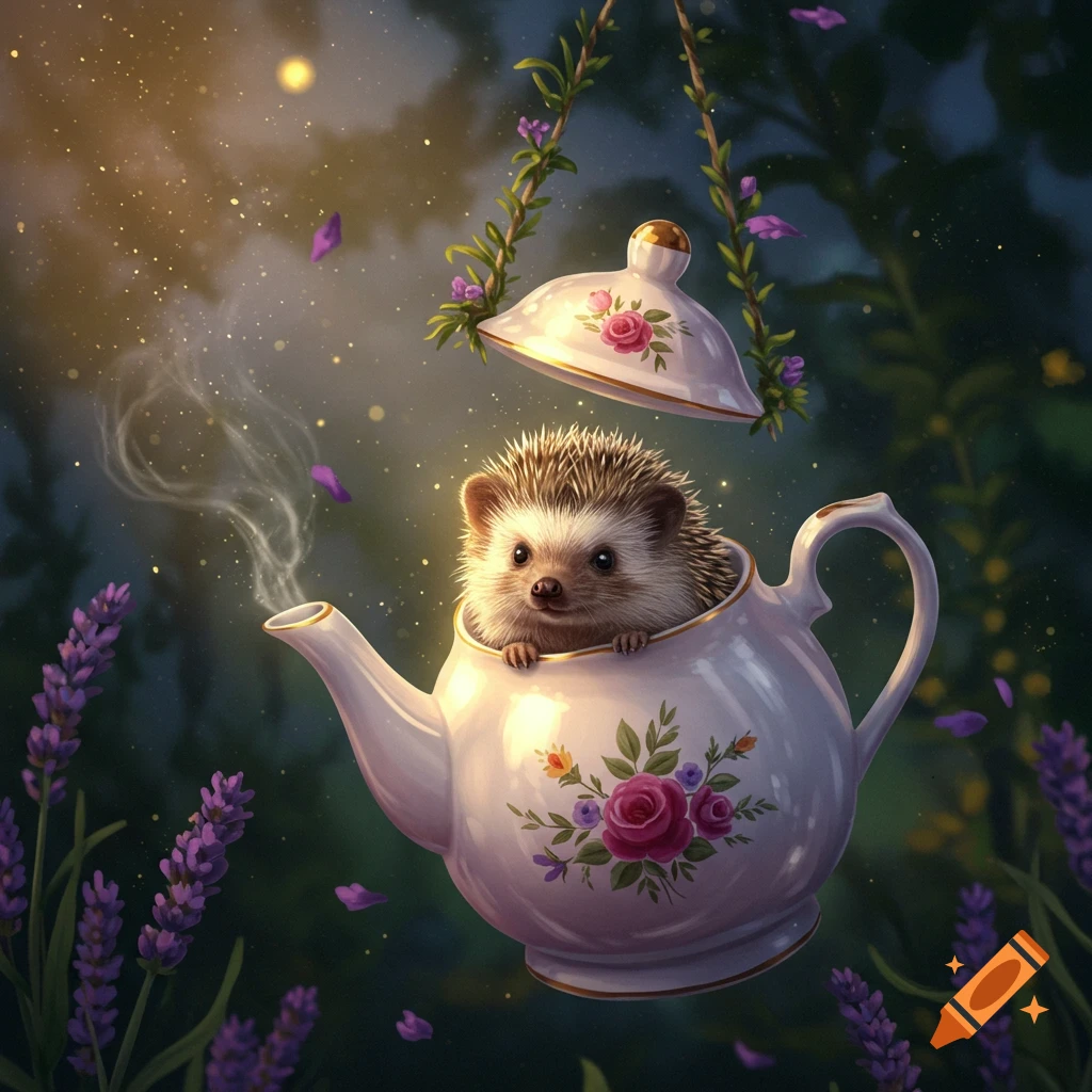 A cute hedgehog peeks from a white floral teapot suspended by vines, with magical dust and smoke in an enchanting garden.