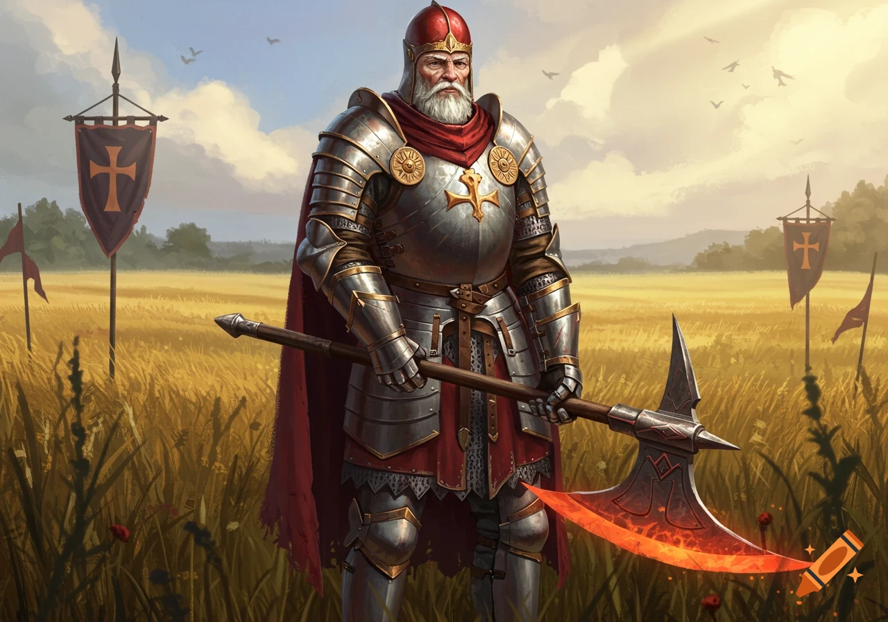A stoic, bearded knight in red and silver armor and a red helmet stands in a golden field, holding a glowing red great axe. Crusader banners are in the background.