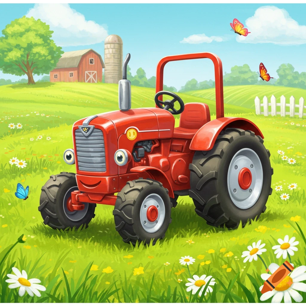 A cartoon red tractor with a smiling face in a vibrant green field with daisies, a red barn, silo, and butterflies under a blue sky.