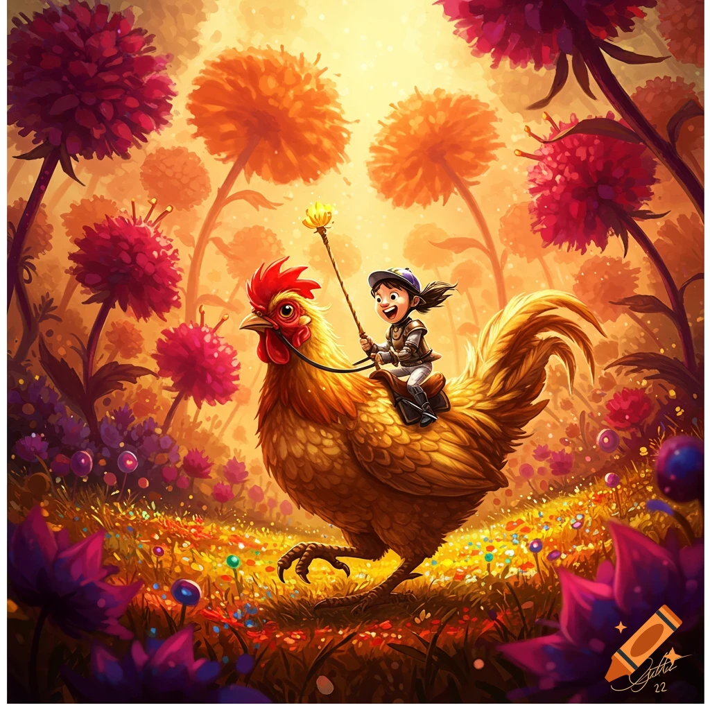 A cheerful child in armor rides a large, golden chicken through a vibrant, fantastical garden with giant red and orange flowers in an illustrative style.