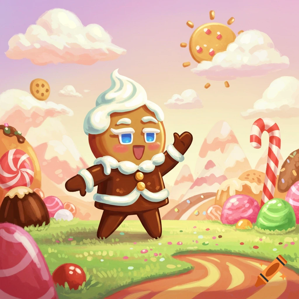 A cheerful gingerbread cookie with white icing stands in a vibrant candy land with candy canes, lollipops, and a cookie sun.