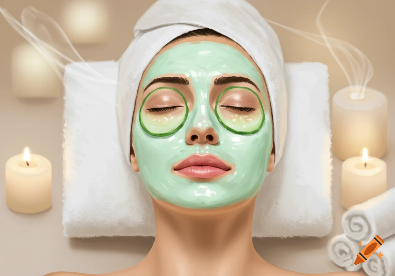 Woman with a light green facial mask and cucumber slices on eyes, relaxing in a spa setting with candles, digital painting style.