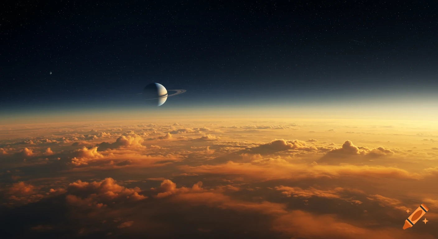 A ringed planet and its moon hover above a vast golden cloudscape with a dark, starry sky.