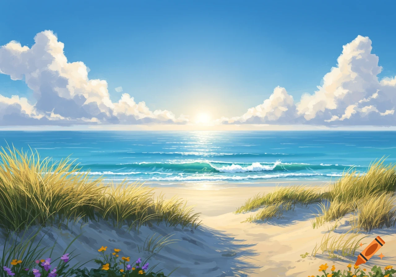 A vibrant cartoon-style beach scene with sandy dunes, tall grass, colorful flowers, blue ocean waves, and a bright sun in a clear sky.