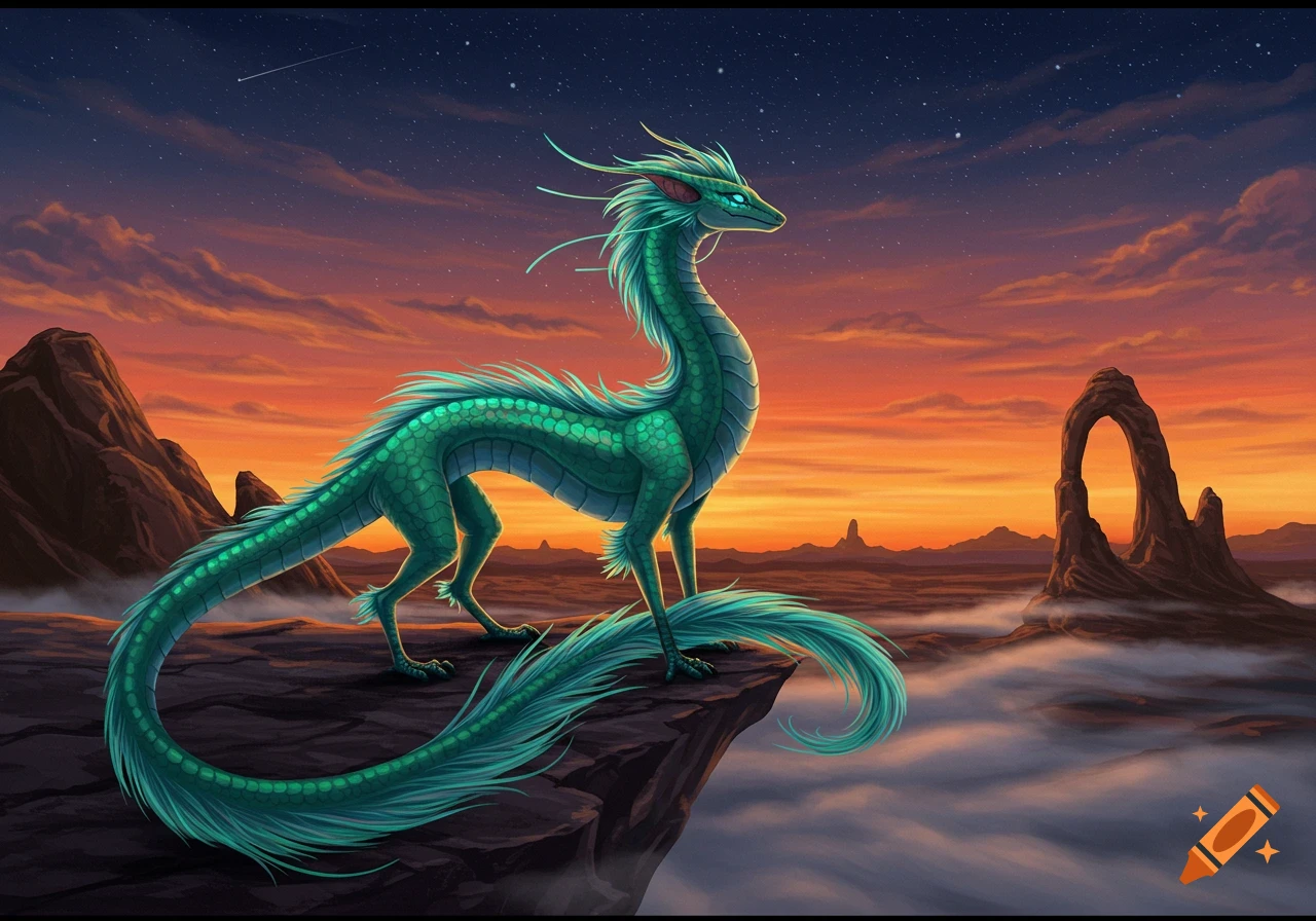 A vibrant green dragon-like creature stands on a cliff overlooking a misty canyon at sunset under a starry sky.