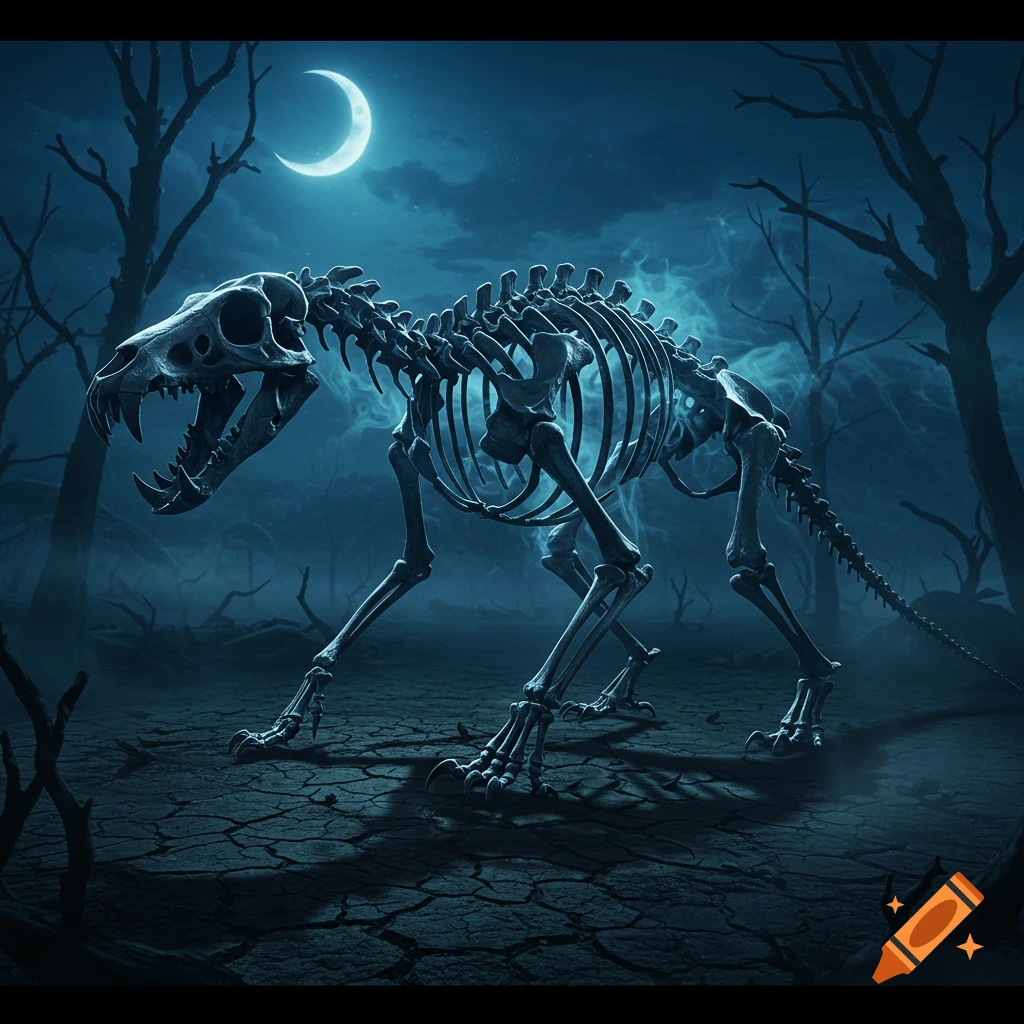 A glowing skeletal creature resembling a sabertooth tiger stands in a dark, moonlit forest with gnarled trees and cracked earth.