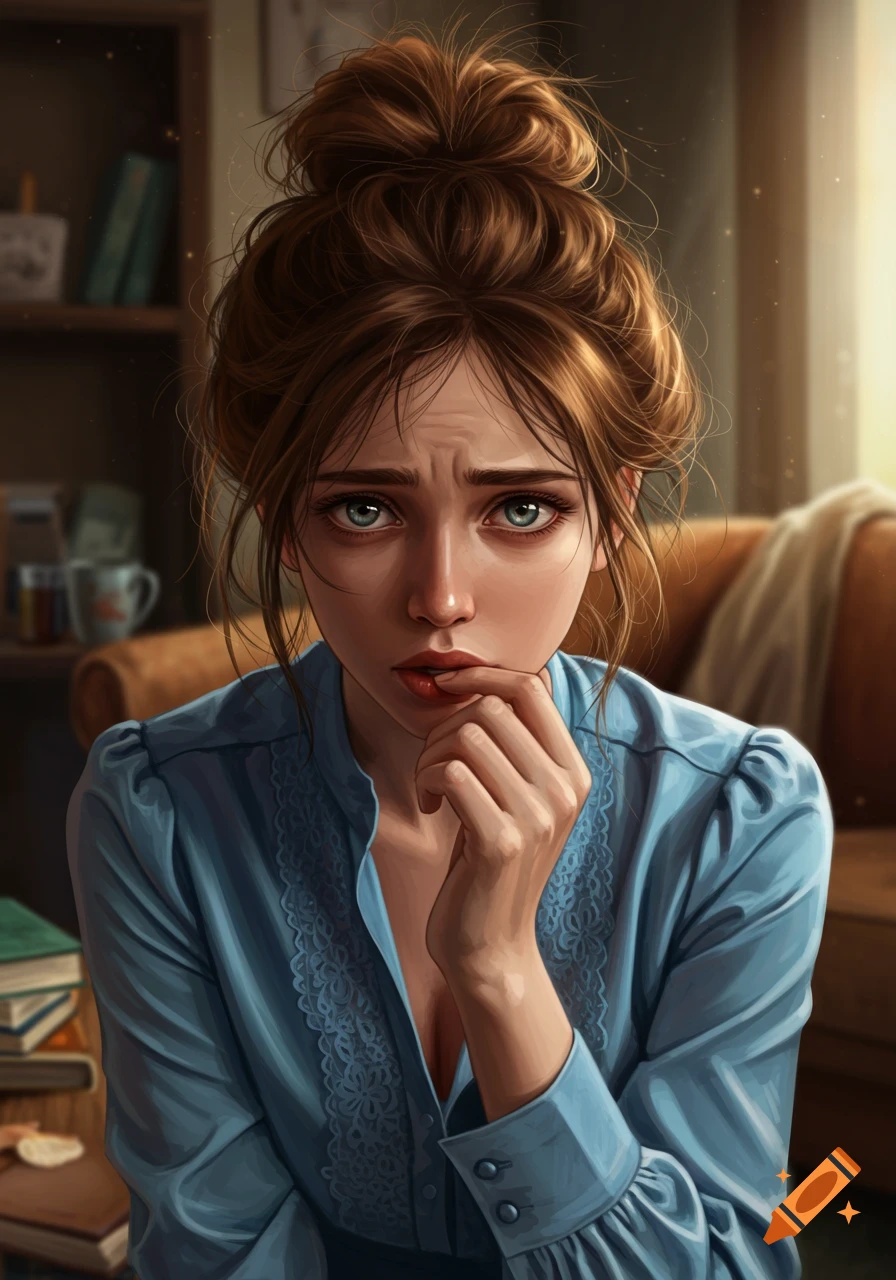 Artistic illustration of a distressed woman with brown hair in a messy bun, biting her nails, wearing a blue blouse.