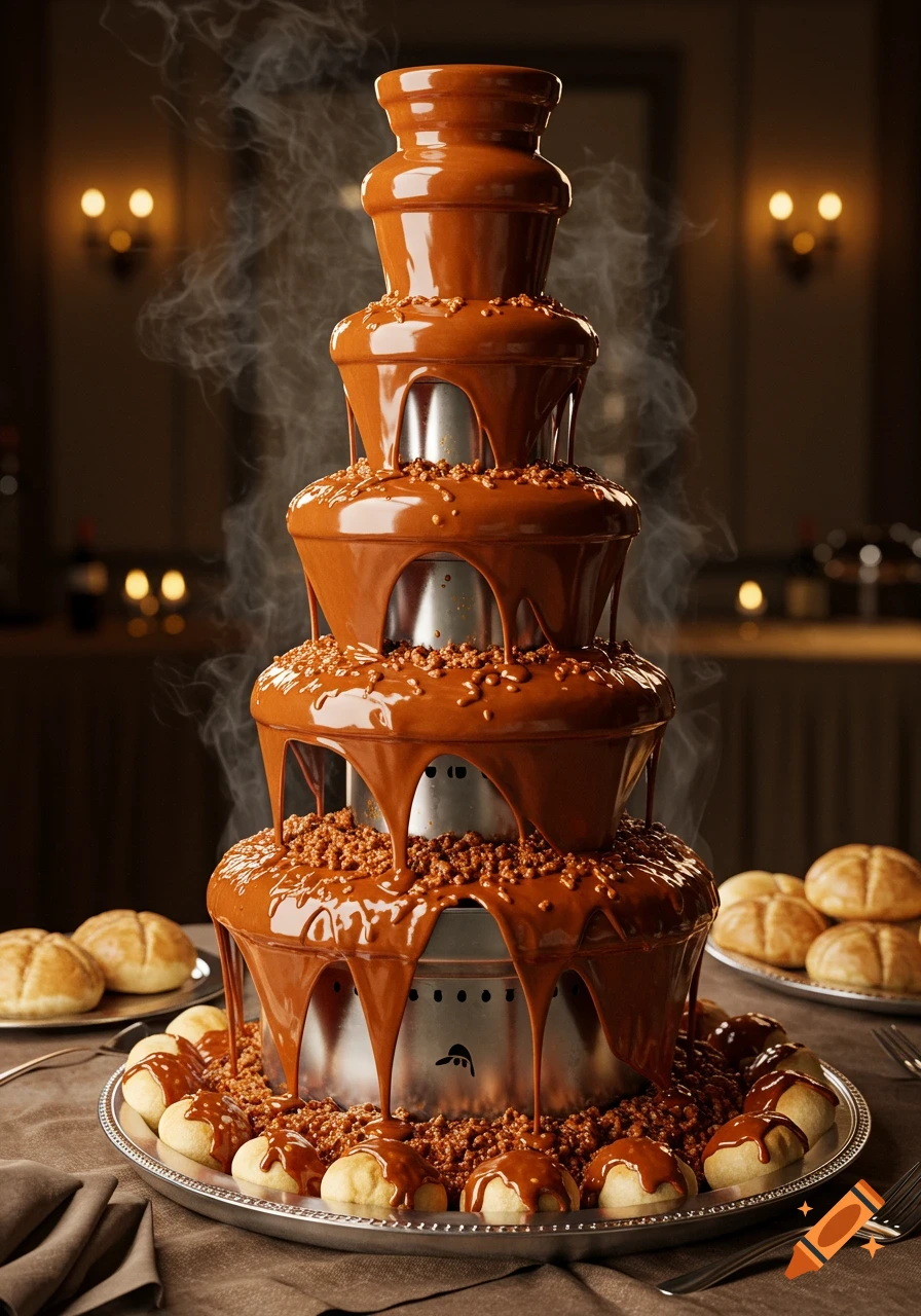 A photorealistic chocolate fountain filled with chunky sloppy Joe filling, surrounded by buns, steaming in a restaurant setting.
