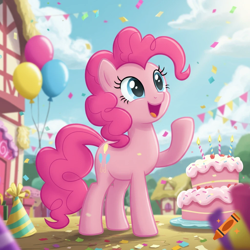 A cheerful cartoon pink pony, Pinkie Pie, celebrates her birthday with a two-tier cake, balloons, and colorful confetti.