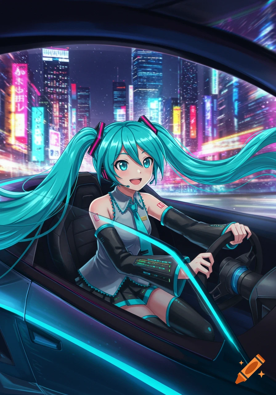 Hatsune Miku with long teal pigtails driving a blue sports car through a neon-lit city at night, in an anime style.