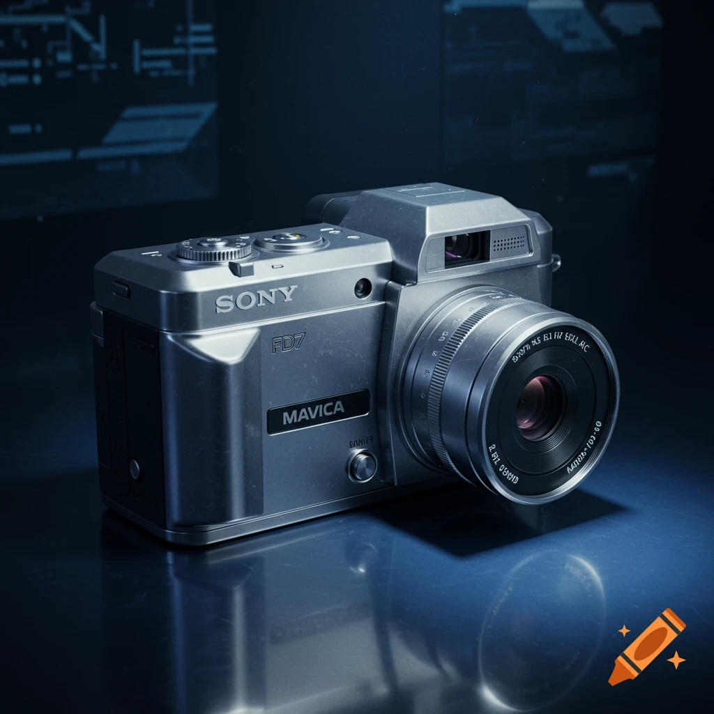 A photorealistic silver Sony Mavica FD7 digital camera with a lens, reflecting on a dark, glossy surface with a blue glow.