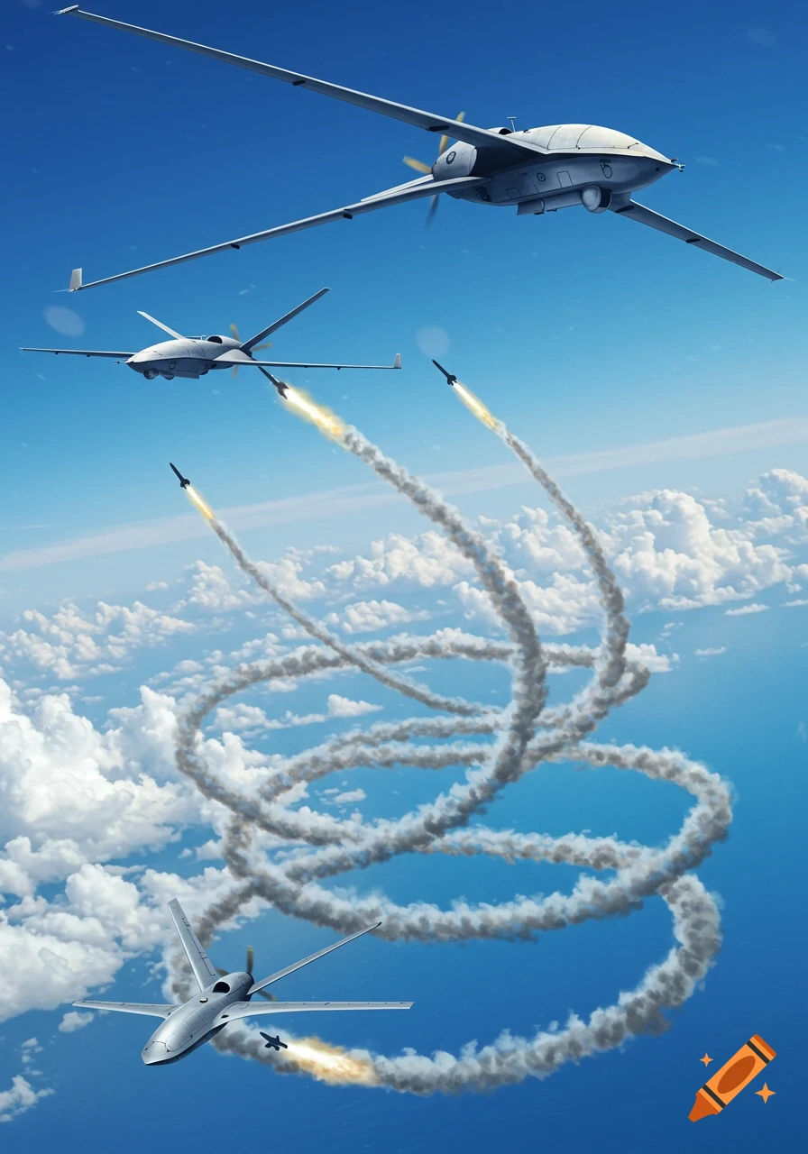 Multiple military drones flying in a blue sky with missiles launching and smoke trails coiling above clouds.