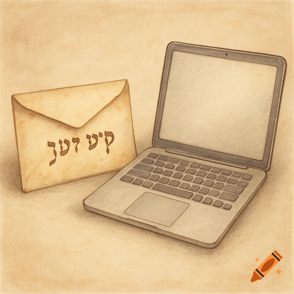 A retro illustration of a yellowed envelope with Yiddish letters next to an open laptop on a textured background.