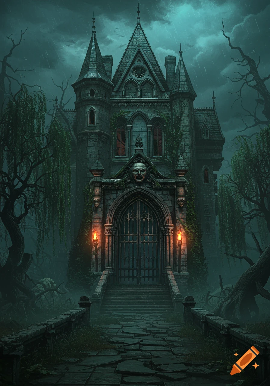 A dark, gothic mansion with a grimacing face sculpture above the gate, surrounded by gnarled trees in the rain, in a dark fantasy style.