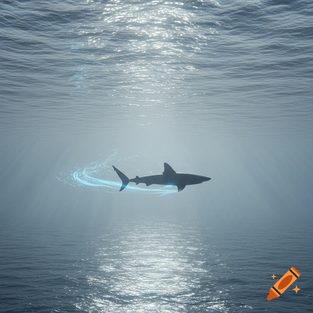 A stylized shark silhouette swims underwater, leaving a glowing blue light trail behind it in calm, shimmering water.
