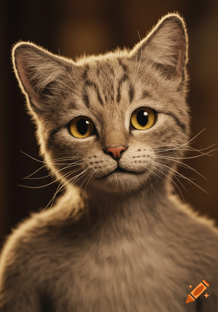 A close-up, highly detailed photographic portrait of a tabby cat with large golden eyes looking forward.
