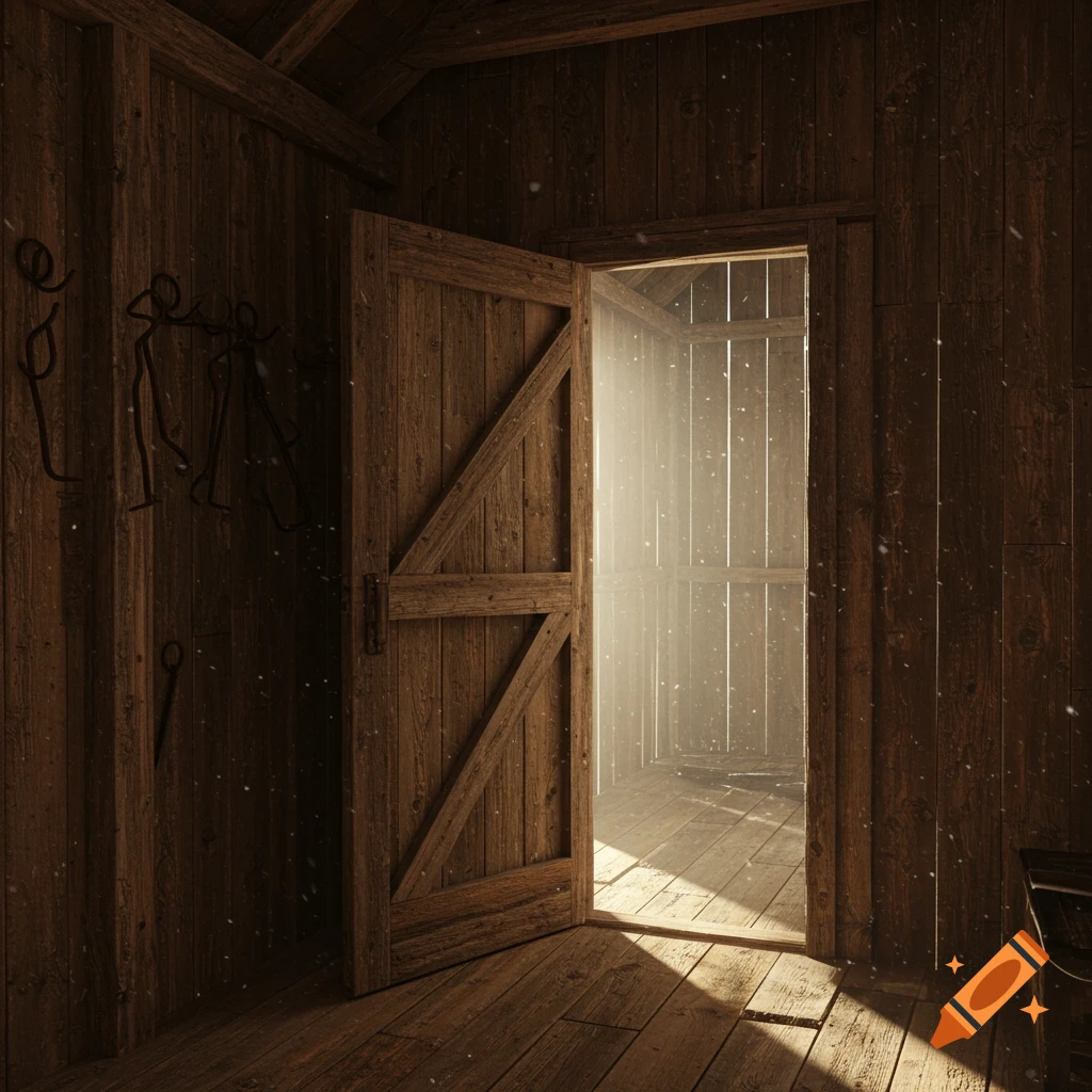 A dimly lit wooden shed interior with an open wooden door, light streaming in from a snowy exterior, illuminating dust motes.