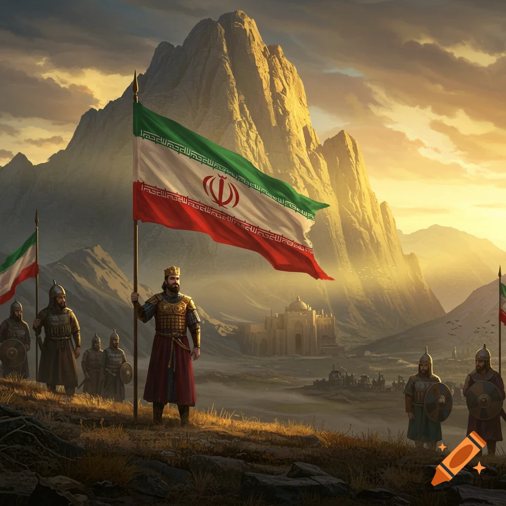 An epic painting of a king holding a large Iranian flag with soldiers on a hill, overlooking a city and mountains at sunrise.